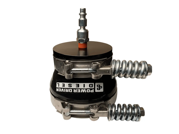 Power Driven 4-inch Boost Leak Tester, black base, orange-threaded top fitting, coiled metallic hose, Power Driven Diesel