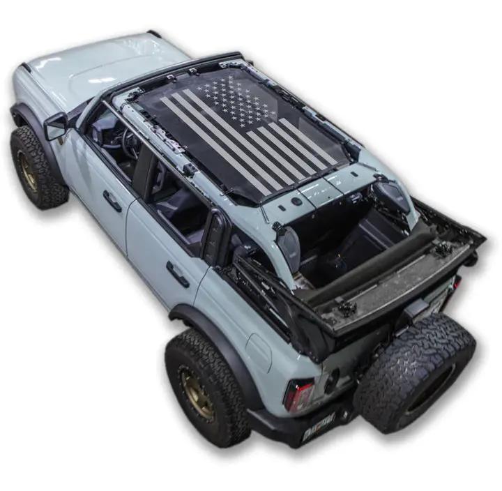 SpiderWebShade sun shade for Ford Bronco (2021–2026) with USA flag printed shade top