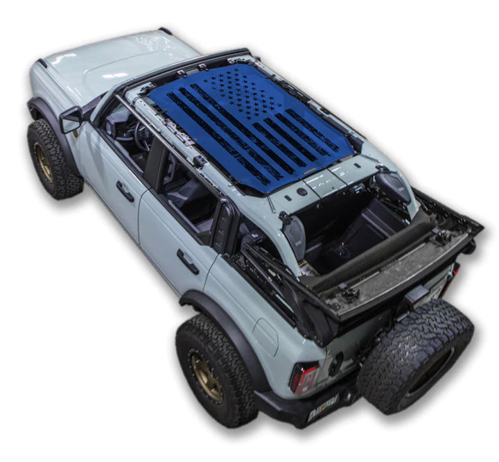 Ford Bronco Sun Shade Stock Printed Shade Top (2021–2026) by SPIDERWEBSHADE, blue printed shade