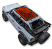 Sun shade for Ford Bronco (2021–2026) by SpiderWebShade; orange stock-printed US flag design.