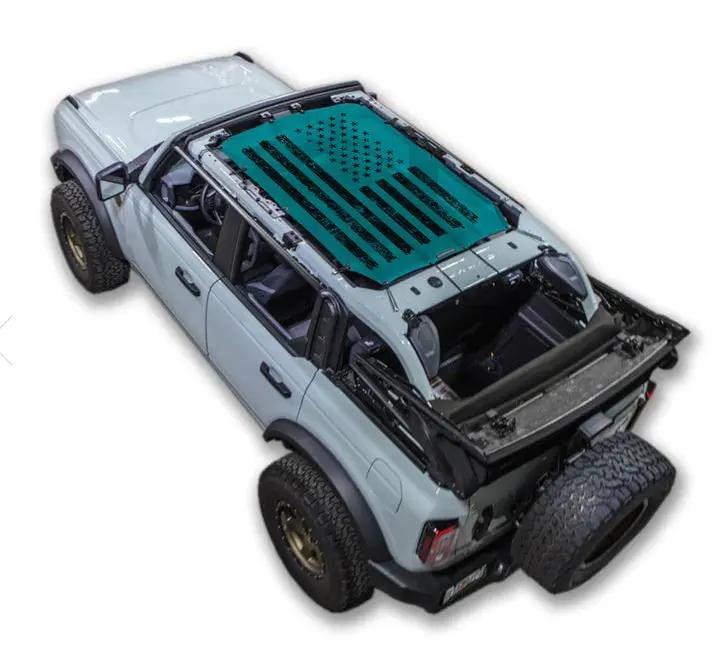 Sun Shade Ford Bronco Stock Printed Shade Top (2021–2026) by SpiderWebShade, teal flag print