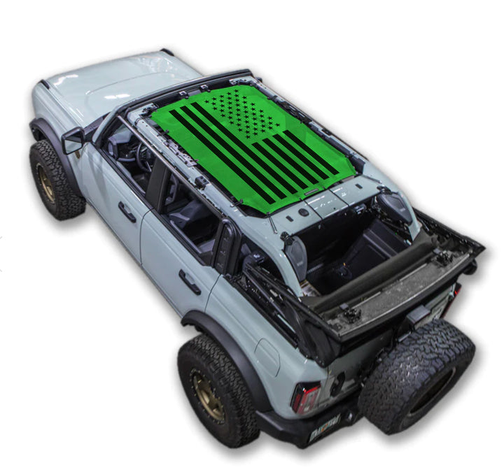 Sun shade SPIDERWEBSHADE for Ford Bronco 2021–2026, green stock printed top with black flag-style design