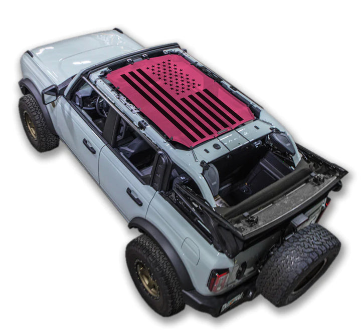 Ford Bronco sun shade by SpiderWebShade, stock printed shade top with pink American flag design.