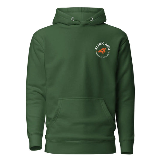 Green hoodie with 4Link4WD circular logo on left chest; drawstring hood