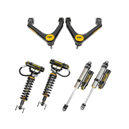 MT PreRunner Kit Dirt King for Chevy/GMC — dual lower A-arms with yellow DK caps and front coilover shocks