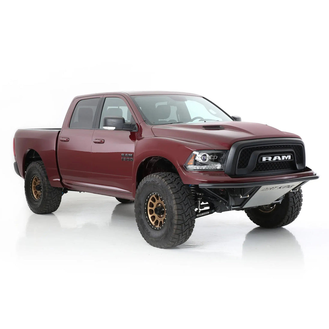 Dirt King Long Travel Kit for Ram 1500 - red pickup with bronze wheels and lifted suspension