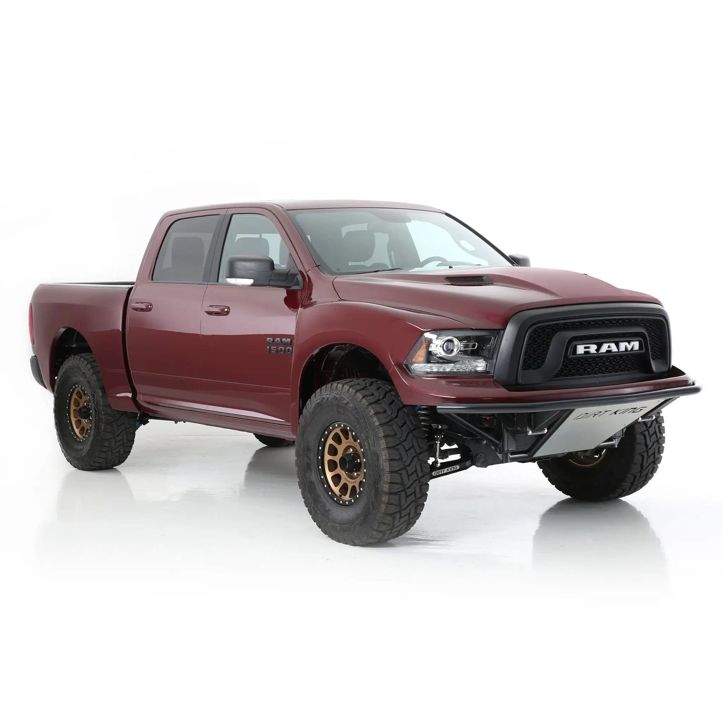 Dirt King Long Travel Kit for Ram 1500 - red pickup with bronze wheels and lifted suspension