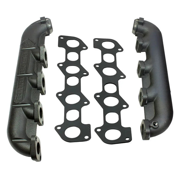 BD Diesel 6.0L Powerstroke exhaust manifold set with pair of black-coated manifolds and gaskets