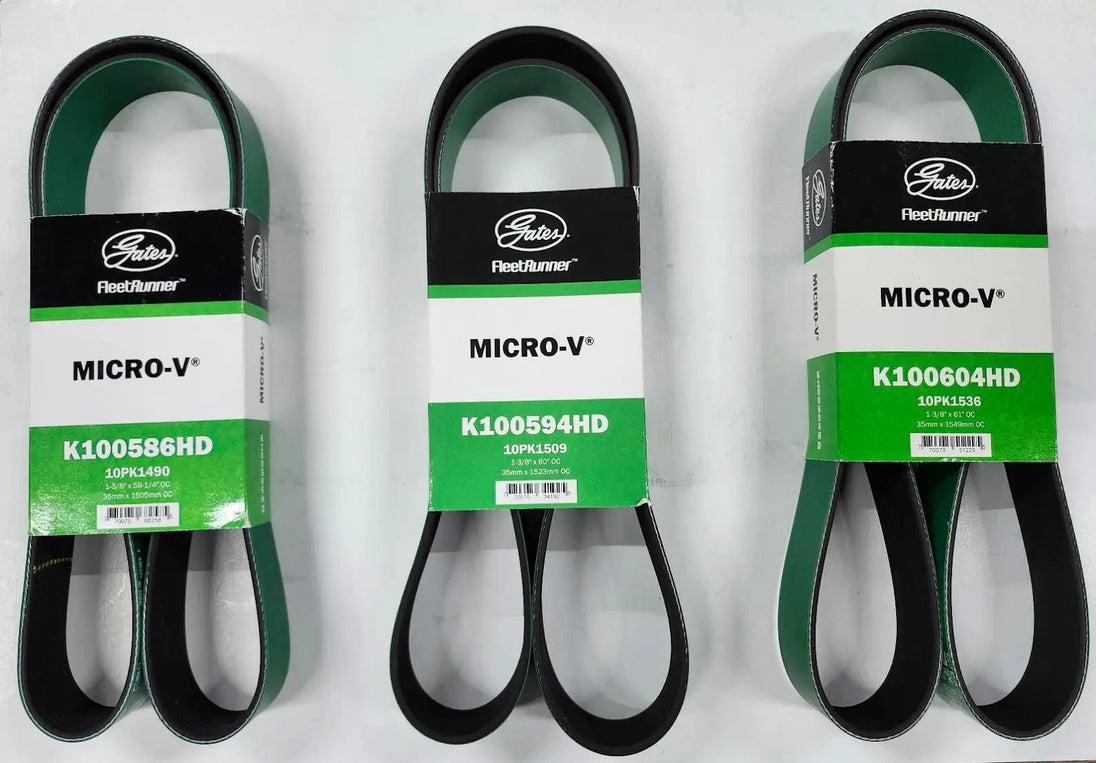 Gates FleetRunner Micro-V serpentine belts, set of 3 in green and black packaging.