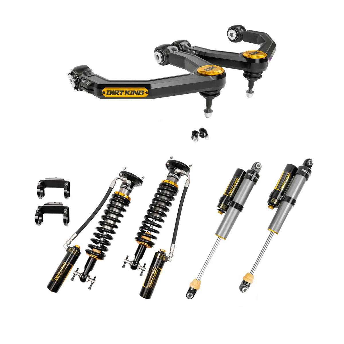 MT PreRunner Kit Dirt King Chevy/GMC front suspension with black control arms, gold DK caps, and coilover shocks