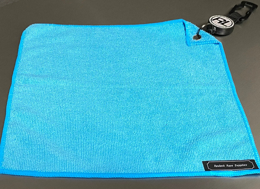 Retractable microfiber towel, blue, by Revlock Race Supplies, with attached black retractable reel