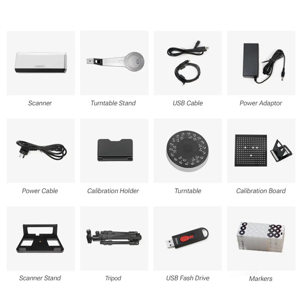 EinScan-SP V2 Desktop 3D Scanner Einstar-US kit with turntable, USB cable, power adaptor, calibration board