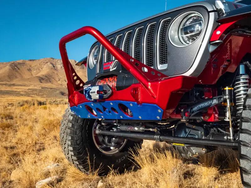 Nighthawk Stinger Front Bumper Artec Industries w/ Aluminum Skid for JK/JL/JT Jeep Wrangler — red bumper, blue skid