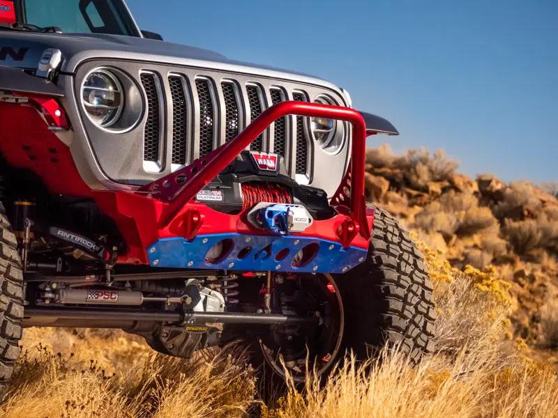 Artec Nighthawk Stinger Front Bumper with Aluminum Skid Plate for Jeep Wrangler JK/JL/JT, red with blue skid