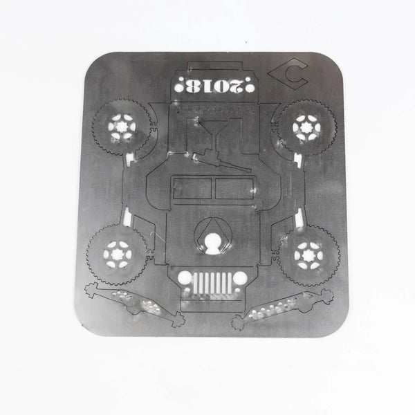 Aluminum Micro Willys Artec Industries sheet with Jeep Willys chassis outlines and wheels