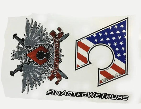 Artec Industries sticker sheet featuring winged emblem and US flag shield designs