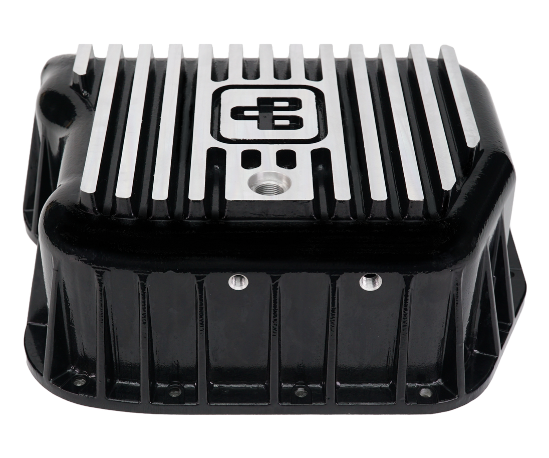 Power Driven Deep Transmission Pan, Power Driven Diesel, black with silver cooling fins and mounting holes
