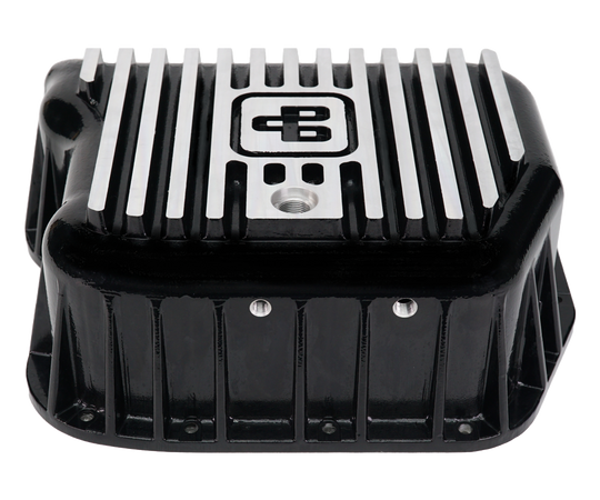 Power Driven Deep Transmission Pan, Power Driven Diesel, black with silver cooling fins and mounting holes