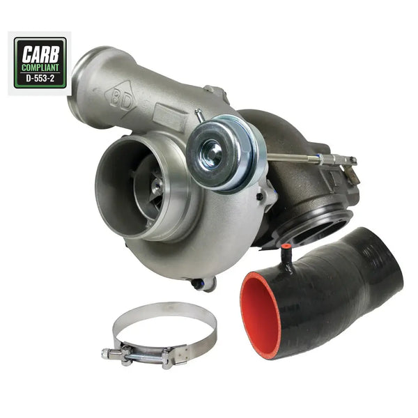 BD Diesel Turbo Thruster II Kit for Ford 7.3L Power Stroke 1999.5–2003 pickup, CARB compliant, silver turbocharger with hoses