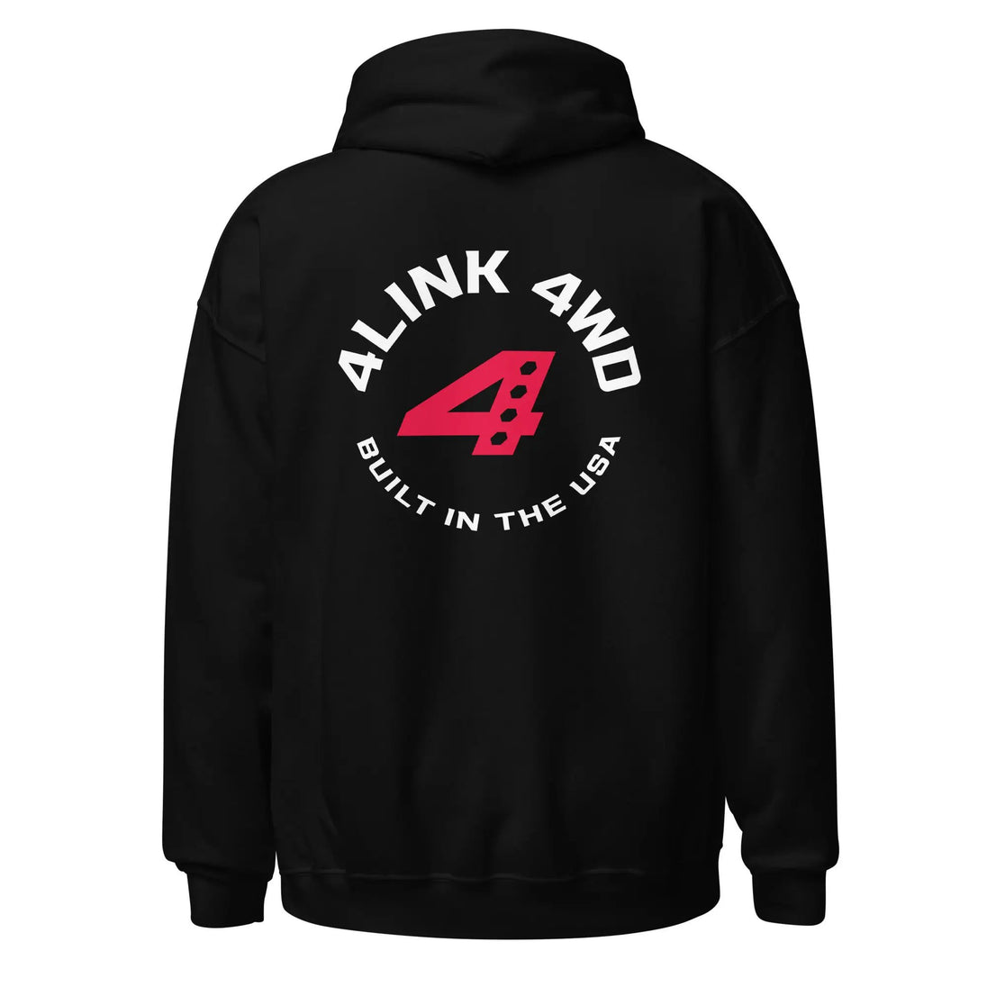 4Link4WD Hoodie back view with white circular logo and red graphic on upper back