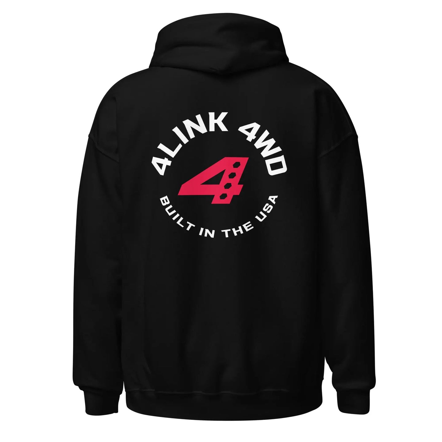 4Link4WD Hoodie back view with white circular logo and red graphic on upper back