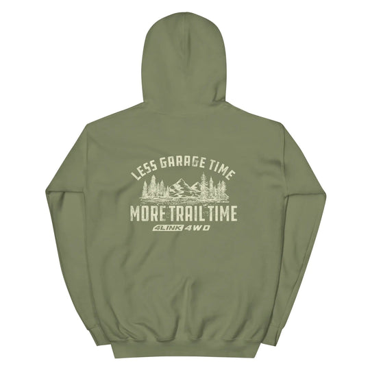 More Trail Time Hoodie by 4Link4WD, olive green with back graphic of mountains and Less Garage Time More Trail Time text
