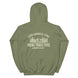 More Trail Time Hoodie by 4Link4WD, olive green with back graphic of mountains and Less Garage Time More Trail Time text
