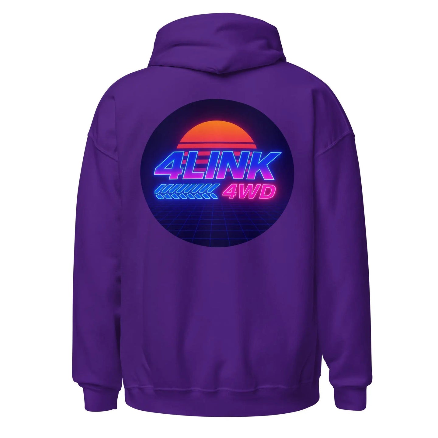 Retro Purple Hoodie by 4Link4WD, back view with neon sunrise 4WD logo on purple fabric