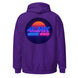 Retro Purple Hoodie by 4Link4WD, back view with neon sunrise 4WD logo on purple fabric