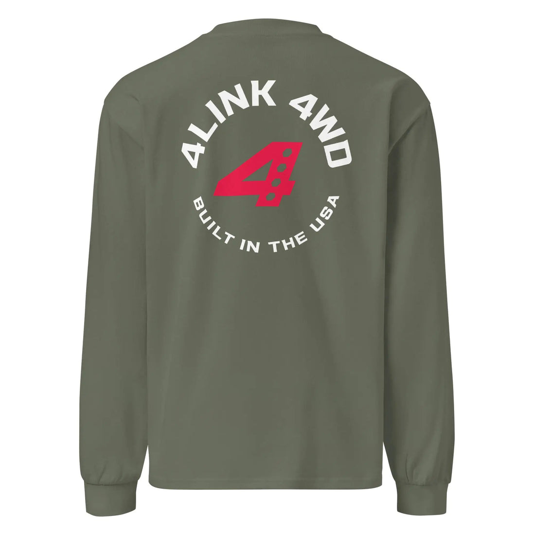 Heavyweight long sleeve shirt 4Link4WD olive green with white circular back logo and red emblem