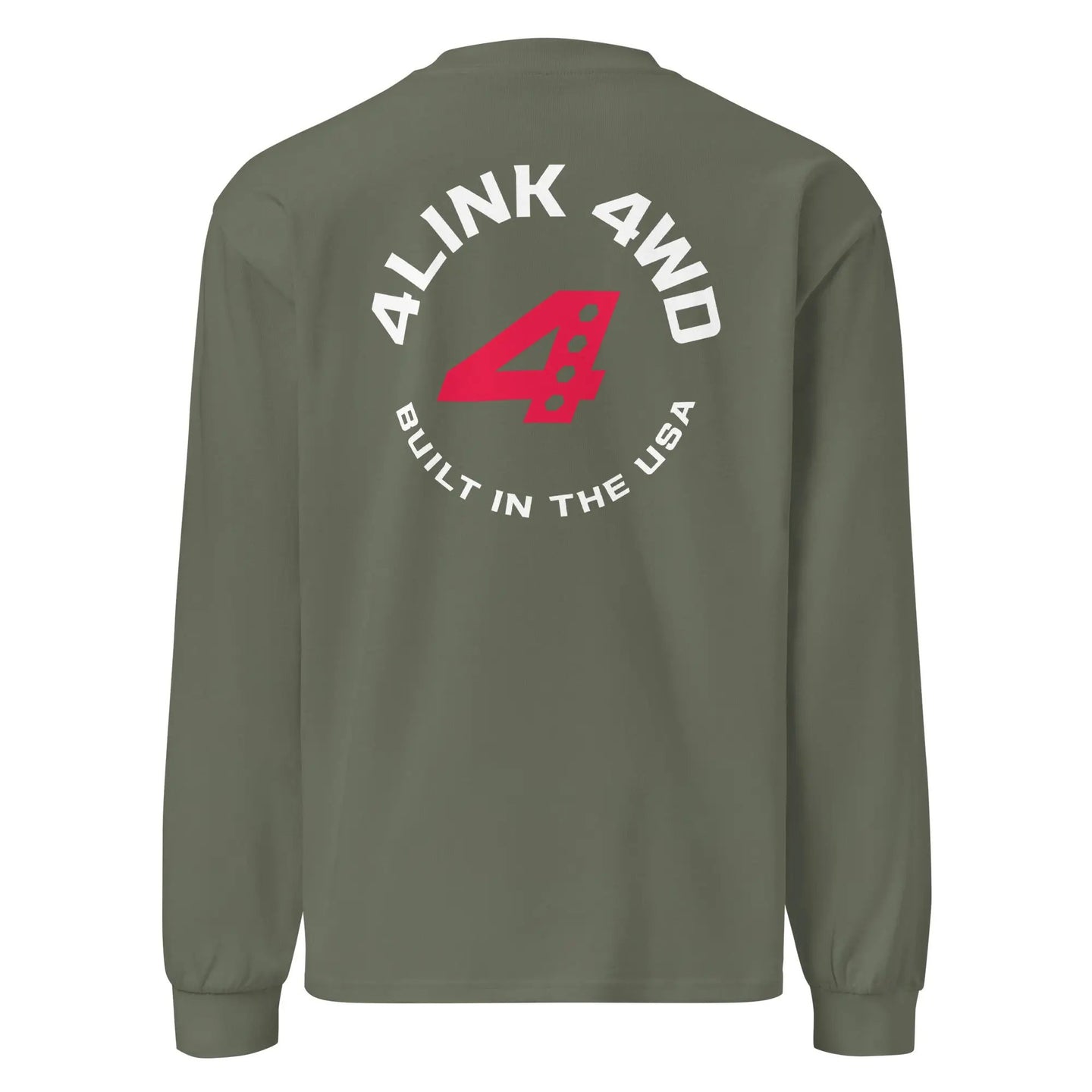 Heavyweight long sleeve shirt 4Link4WD olive green with white circular back logo and red emblem