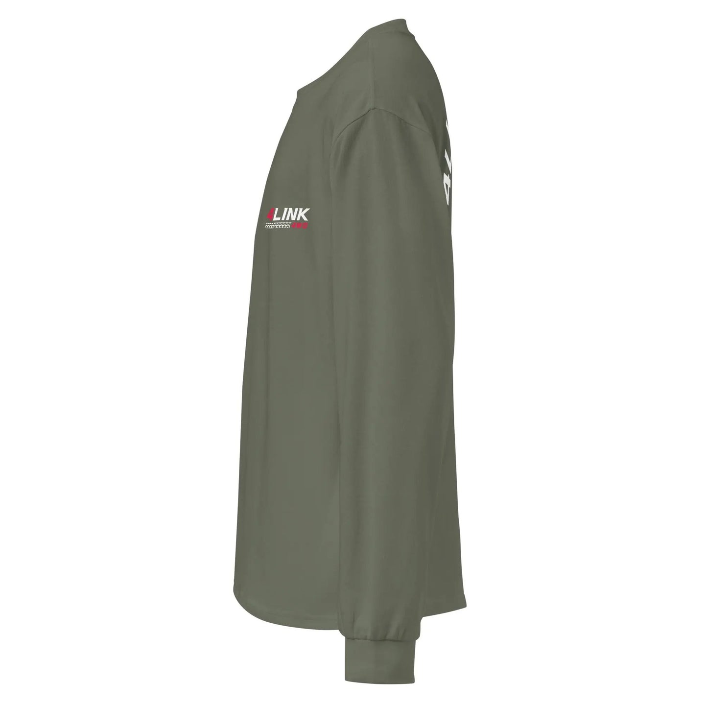 4Link4WD heavyweight long sleeve shirt, olive green, side view with left sleeve logo