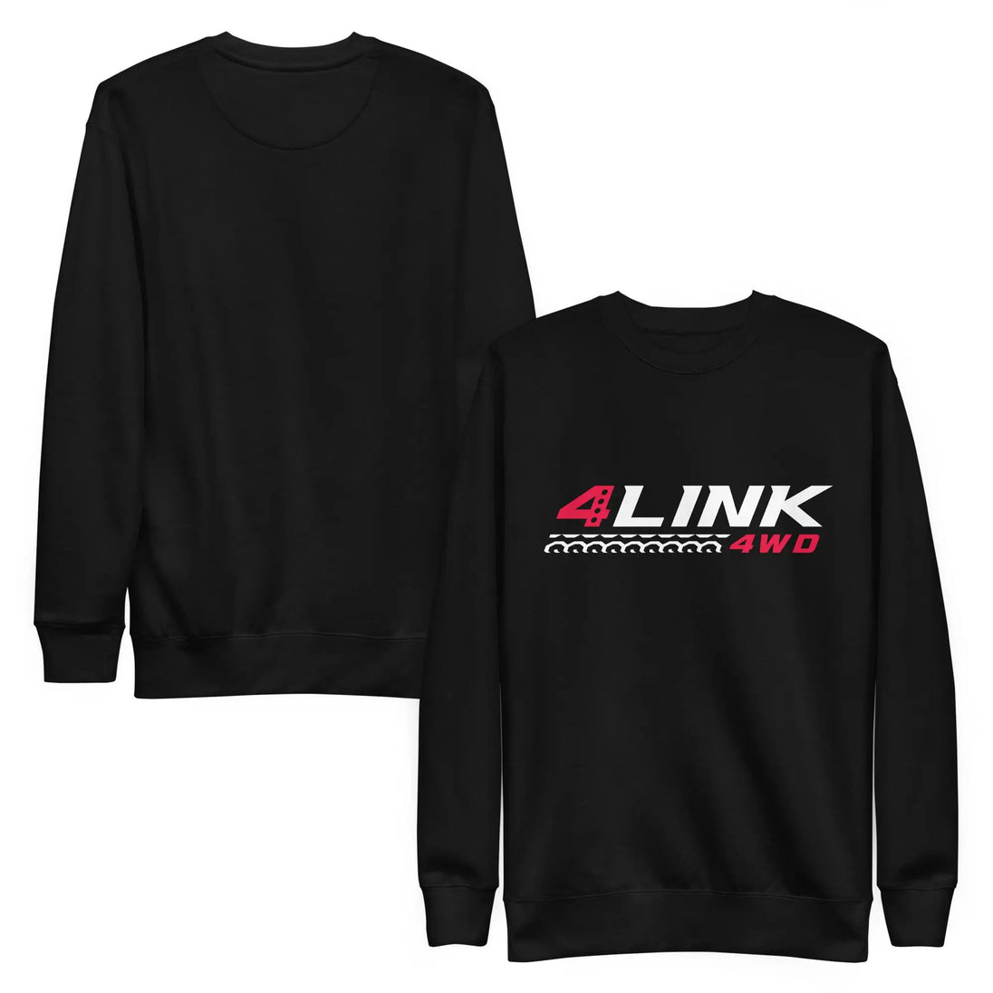 4Link4WD Front Logo Crewneck Sweatshirt, black; two sweatshirts shown with red/white front logo