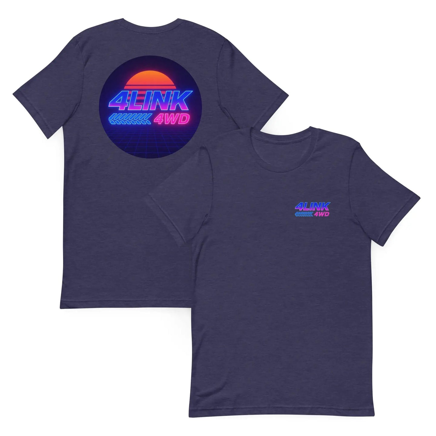 4Link4WD Retro T Shirt navy with neon 4LINK/4WD circular graphic, two shirts shown