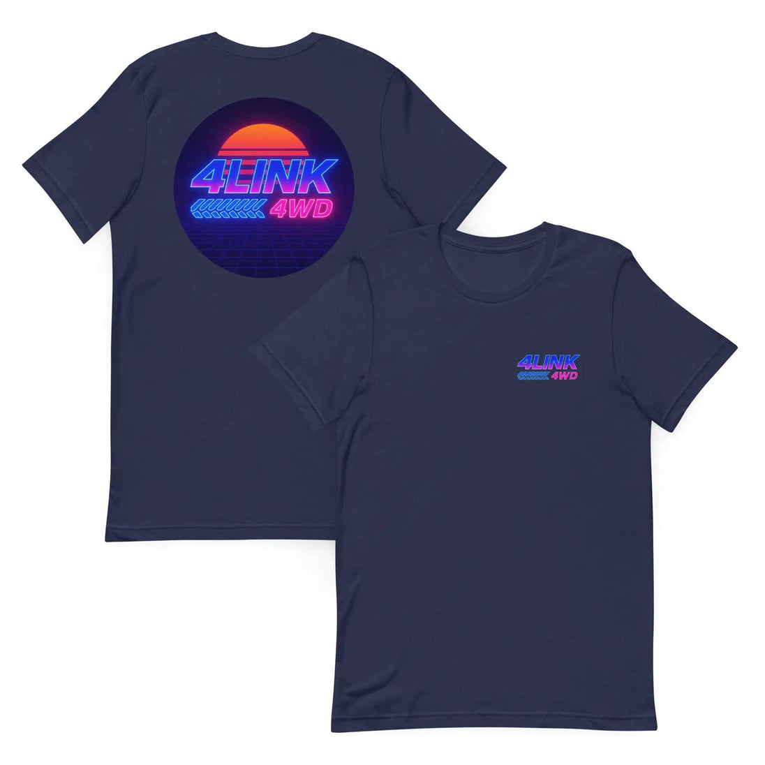 4Link4WD Retro T Shirt navy; neon retro circle graphic on back with sunset and grid, small front logo
