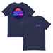 4Link4WD Retro T Shirt navy; neon retro circle graphic on back with sunset and grid, small front logo