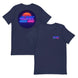 4Link4WD Retro T Shirt navy; neon retro circle graphic on back with sunset and grid, small front logo