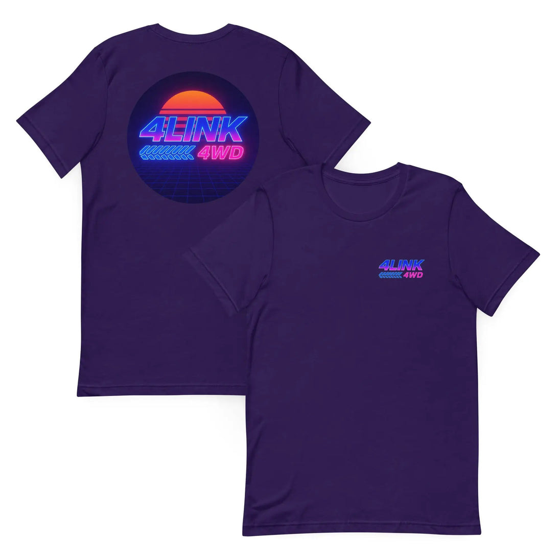 4Link4WD Retro T Shirt purple; back graphic shows neon sunset circle with blue/pink 4LINK 4WD over a grid, small front logo.