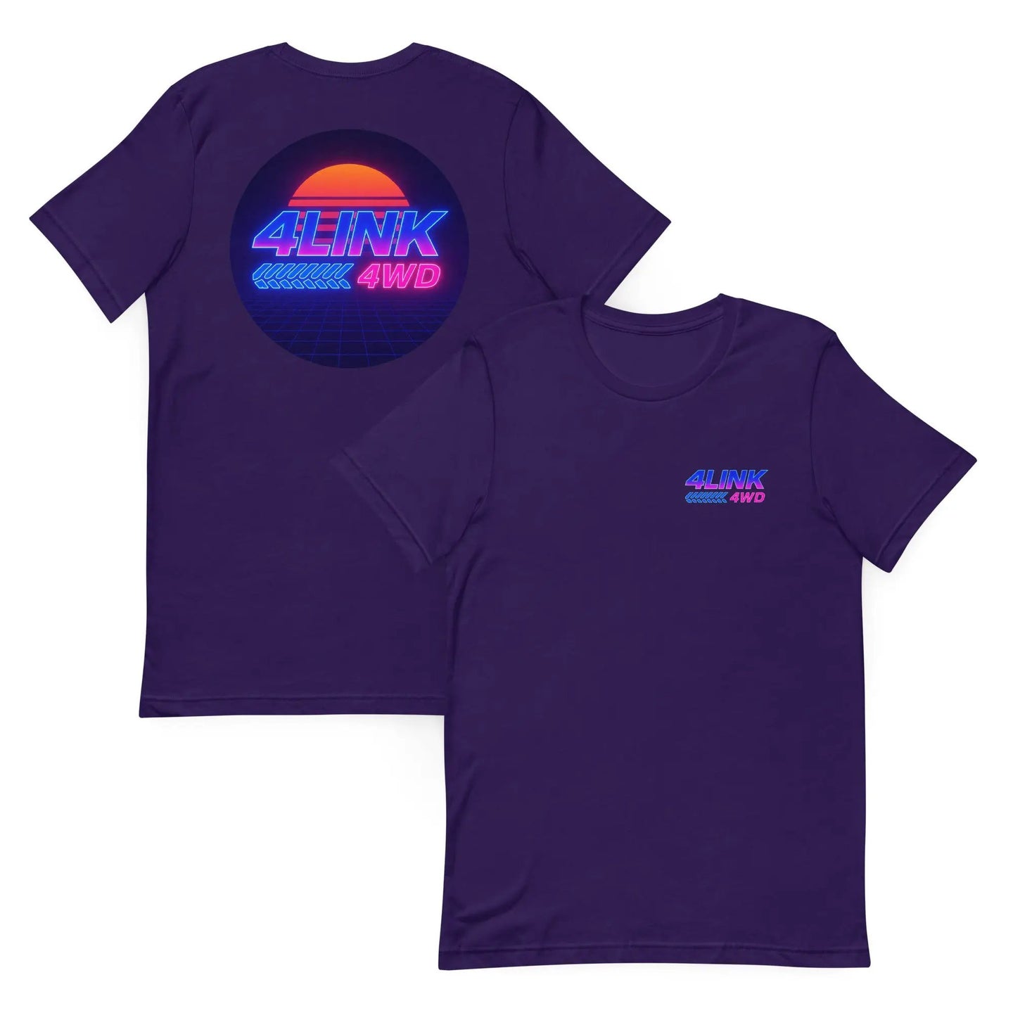 4Link4WD Retro T Shirt purple; back graphic shows neon sunset circle with blue/pink 4LINK 4WD over a grid, small front logo.