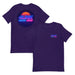 4Link4WD Retro T Shirt purple; back graphic shows neon sunset circle with blue/pink 4LINK 4WD over a grid, small front logo.