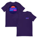 4Link4WD Retro T Shirt purple; back graphic shows neon sunset circle with blue/pink 4LINK 4WD over a grid, small front logo.