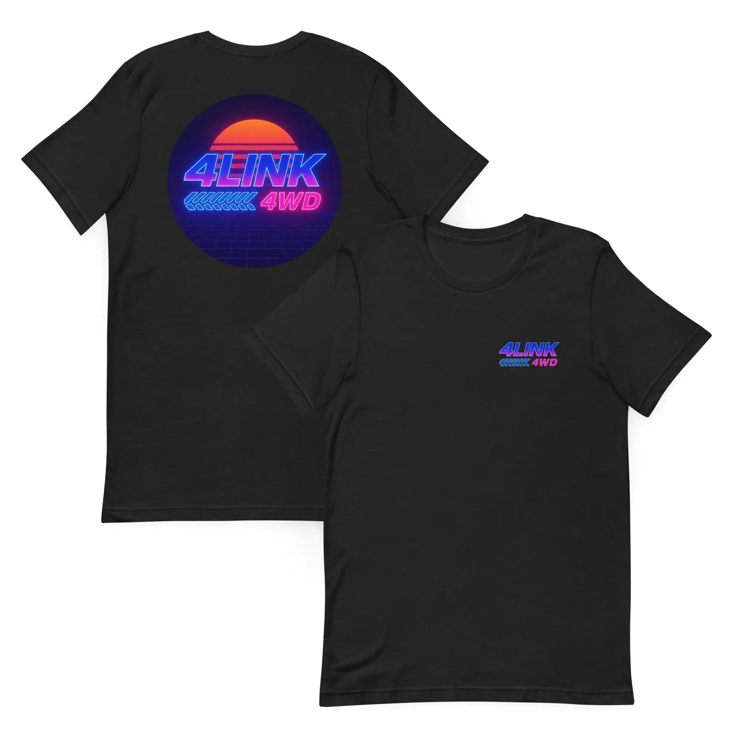 Retro T Shirt 4Link4WD black tee with neon sunset circular graphic reading 4LINK 4WD
