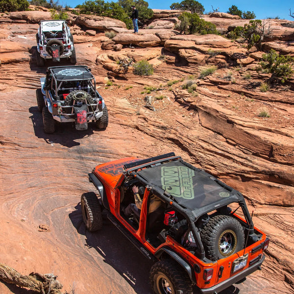 Custom Printed Shade Top SunShade by SpiderWebShade on orange off-road Jeep in desert canyon