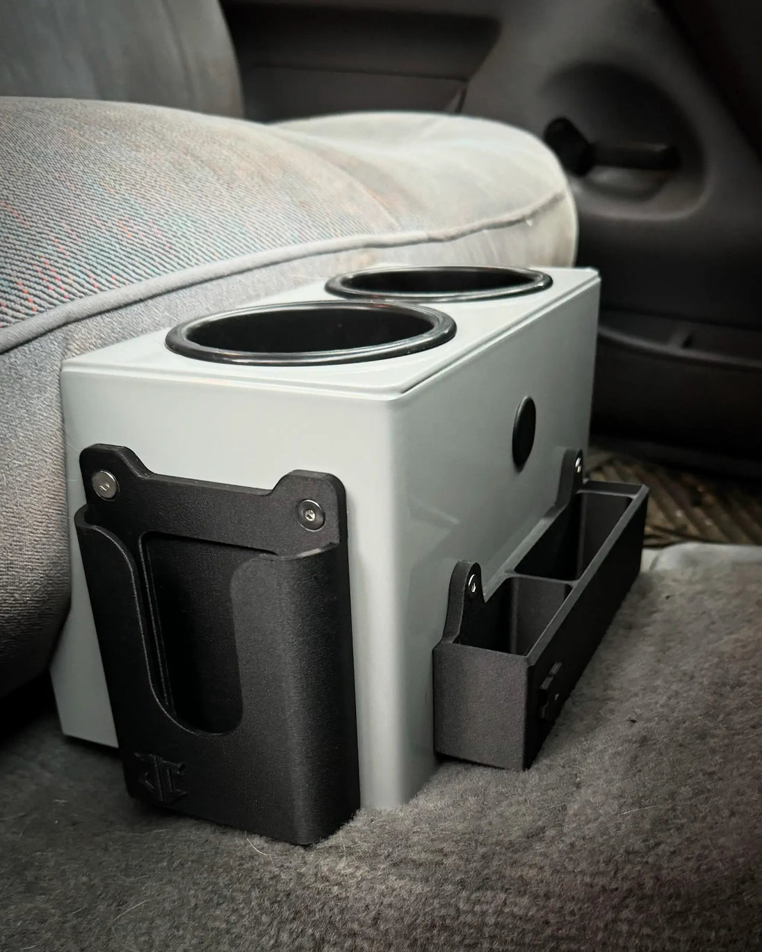 JC Customs OBS Ford F-Series Console Cup Holder gray metal housing with black cup rings