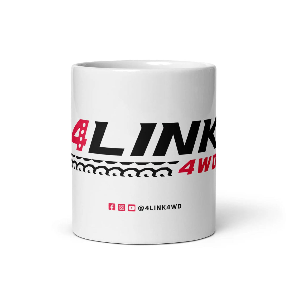 White glossy ceramic mug with bold diagonal black stripes and 4Link4WD logo