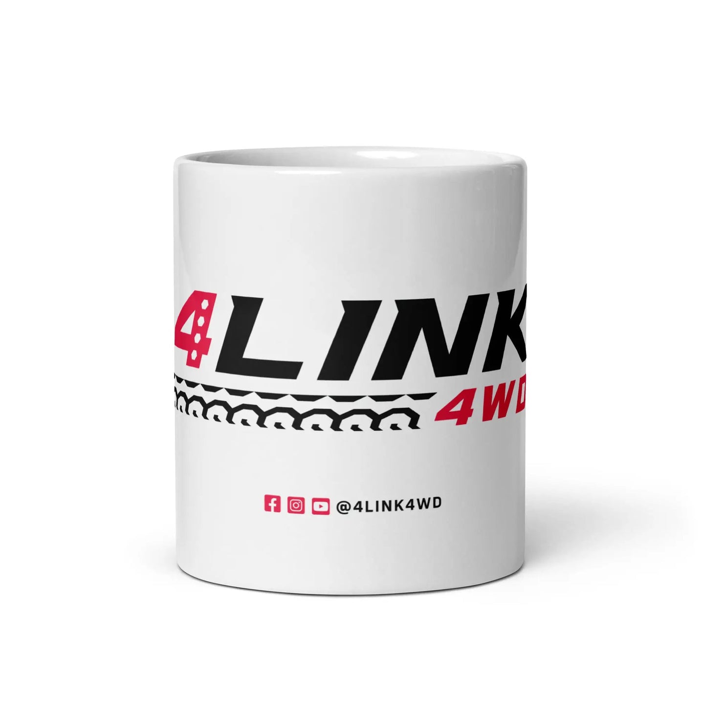 White glossy ceramic mug with bold diagonal black stripes and 4Link4WD logo