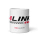 White glossy ceramic mug with bold diagonal black stripes and 4Link4WD logo