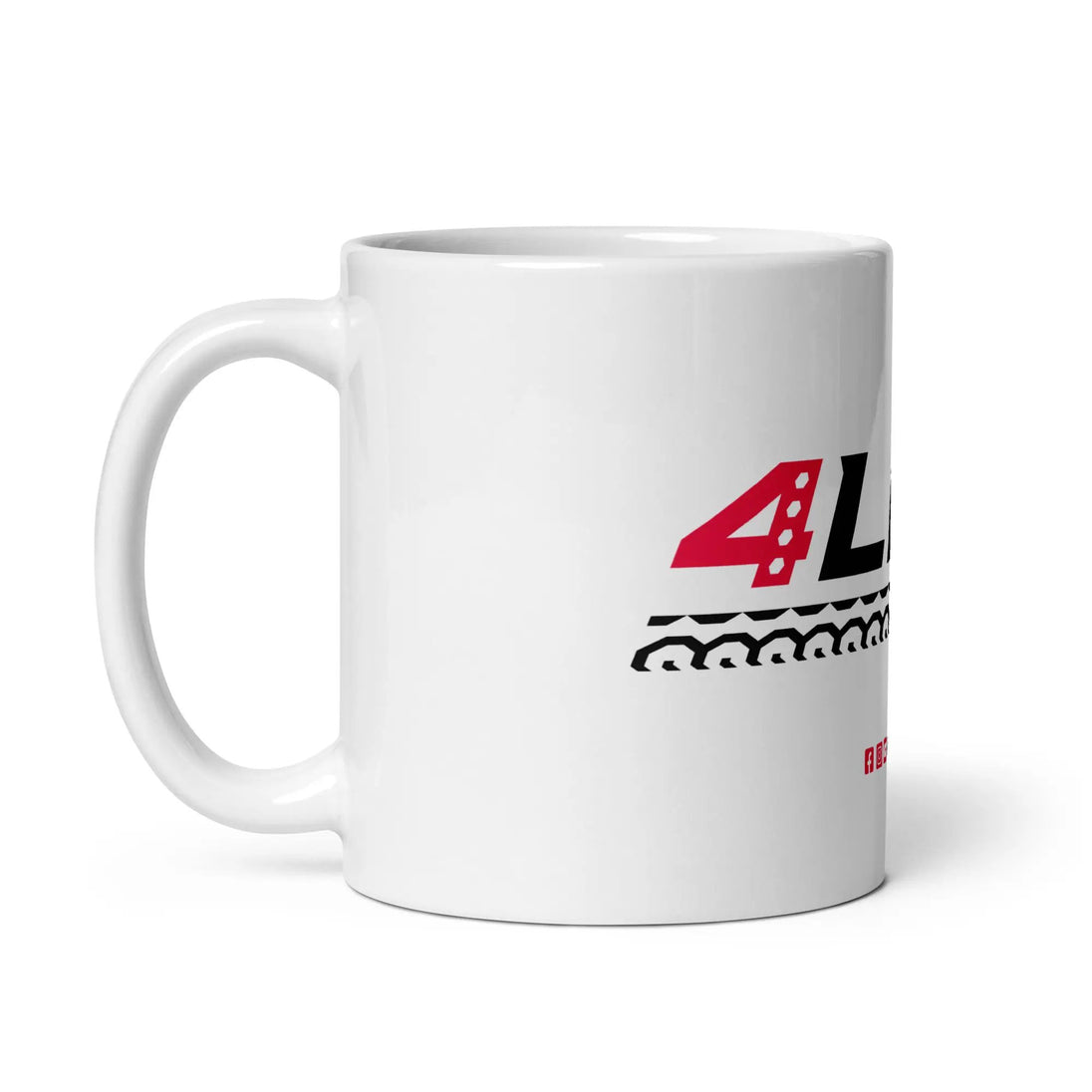 4Link4WD white glossy ceramic mug with red/black graphic and handle visible