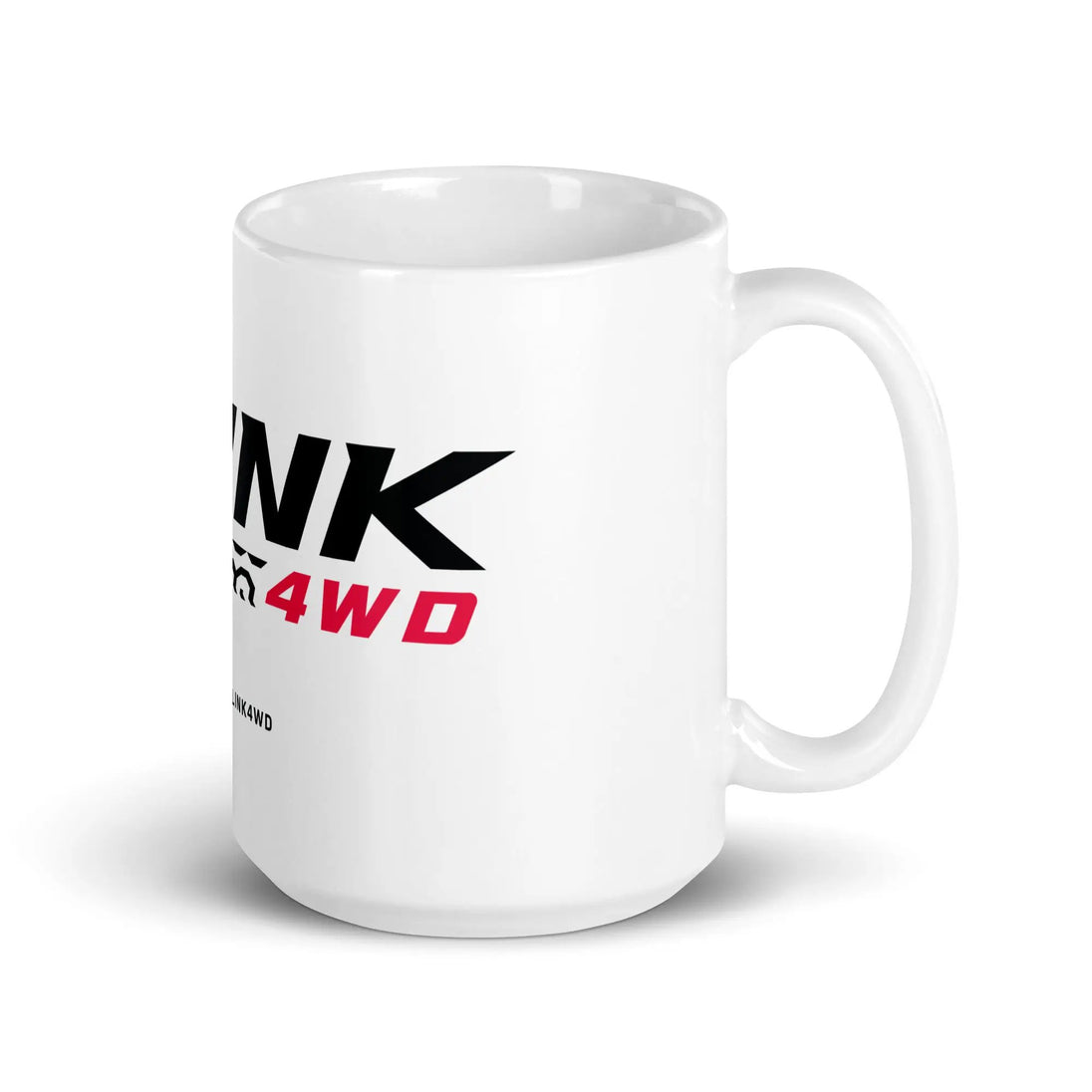4Link4WD white glossy ceramic mug with black logo on side and red 4WD branding